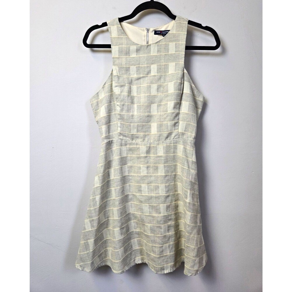 One Clothing Women's S Ivory Gray Plaid A-Line Short Dress Square Neck Zip